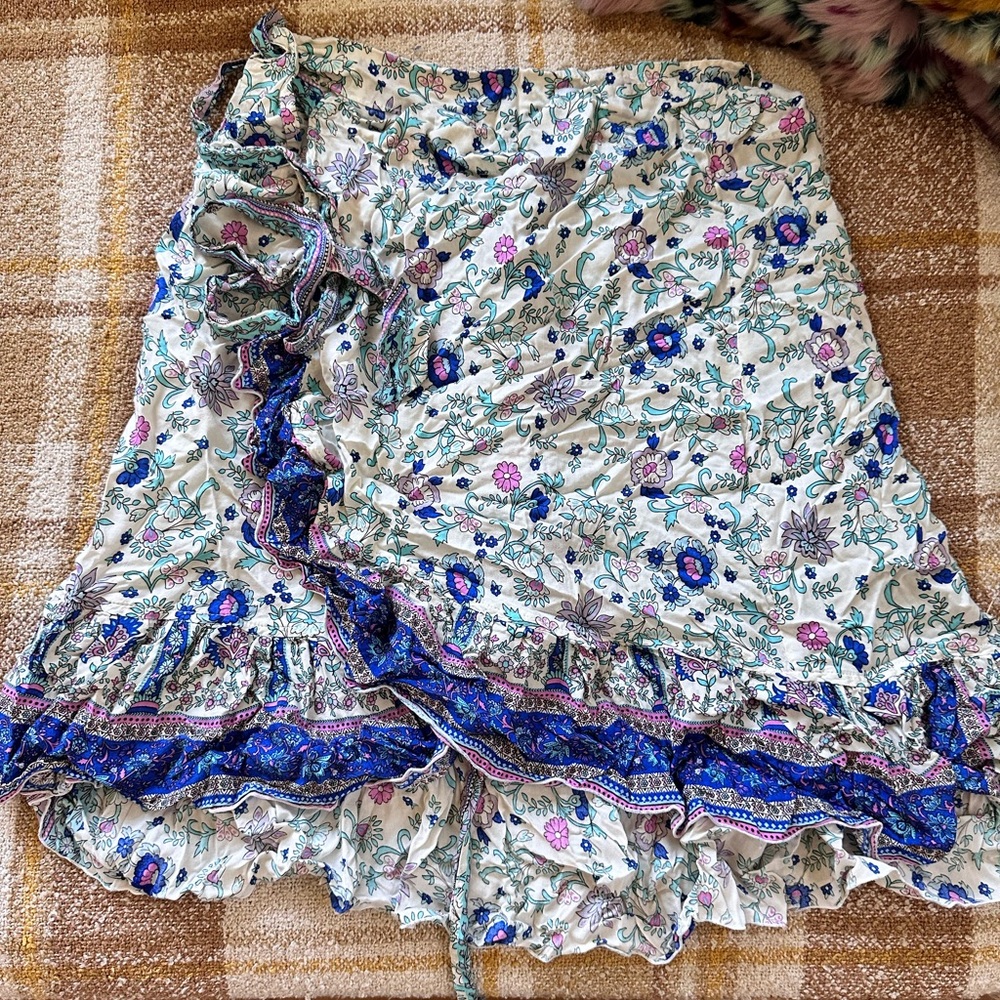 Blue floral wrap skirt